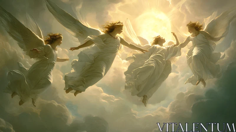 High-contrast celestial angels orbit radiant sunlit vortex