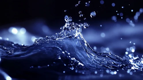 Macro water splash crest in deep blue studio light.