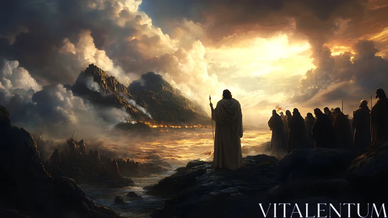 Stormlit prophets pause as molten dawn crowns distant peaks