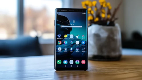 Android smartphone displaying user interface with app grid and customized lock screen home display