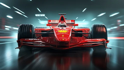 Scarlet thunder F1 racer slicing neon tunnel air at speed.