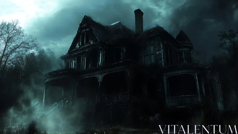 Abandoned Victorian mansion looms under storm-dark night sky