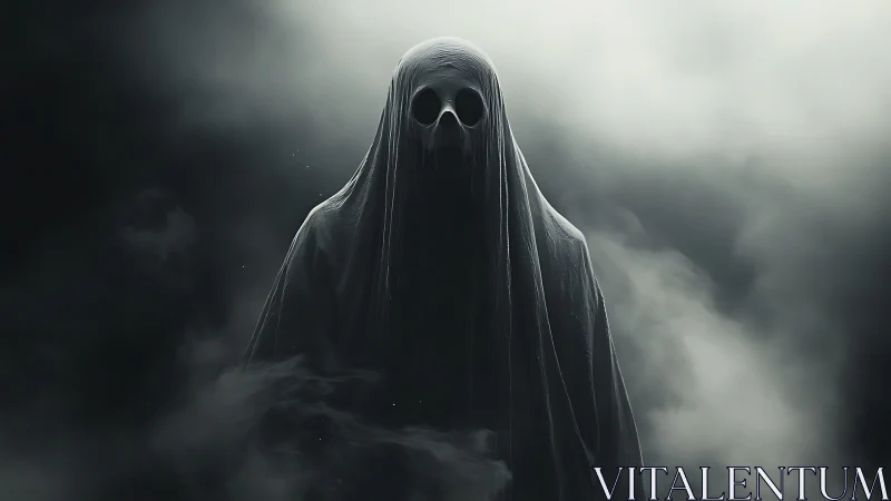 Shrouded ghostly figure emerges from swirling ominous fog