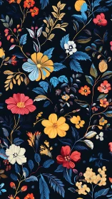 Dense Botanical Illustration With Vibrant Florals Against Dark Navy Ground.