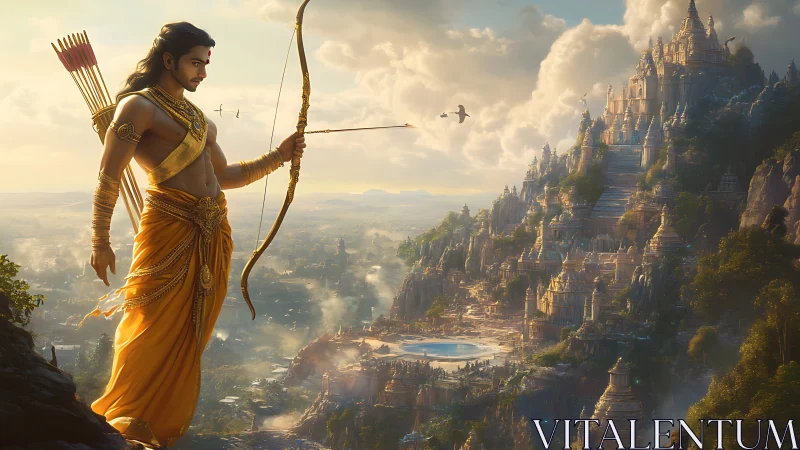 Golden archer stands guard over a sunlit mountaintop kingdom