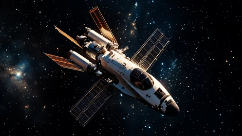 Orbital shuttle spreads radiant solar wings in star-sown dark