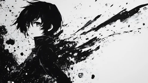 Ink-splashed anime portrait of lone youth in motion.