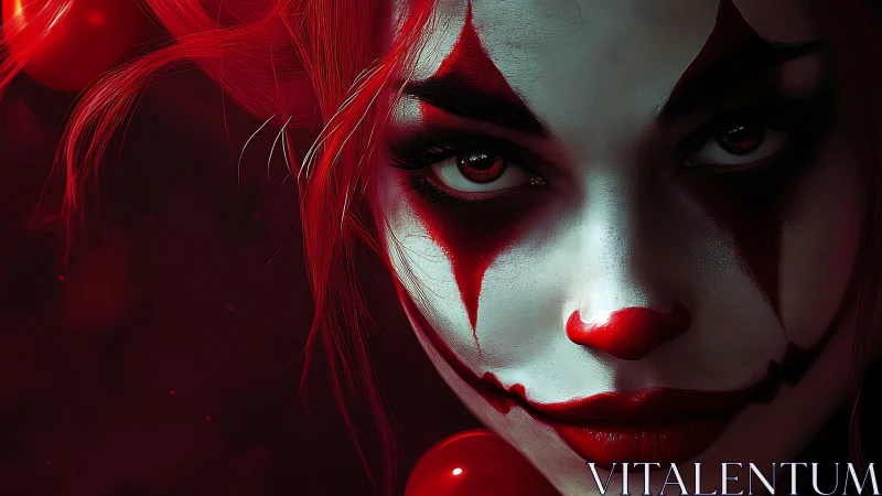 Sinister red clown portrait stares with dark, intense allure