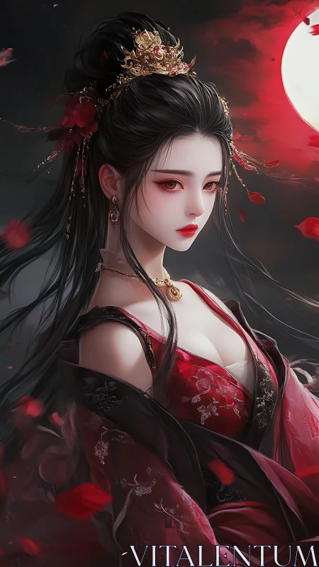 Moonlit lady in crimson robes with graceful, dreamy poise.