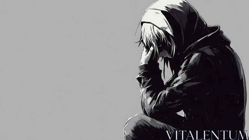 Hooded figure sits in profile, head in hand on gray