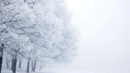 Frost covered winter trees fading into soft white fog.