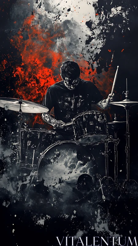 Drummer silhouette with abstract red and black splatter backdrop.