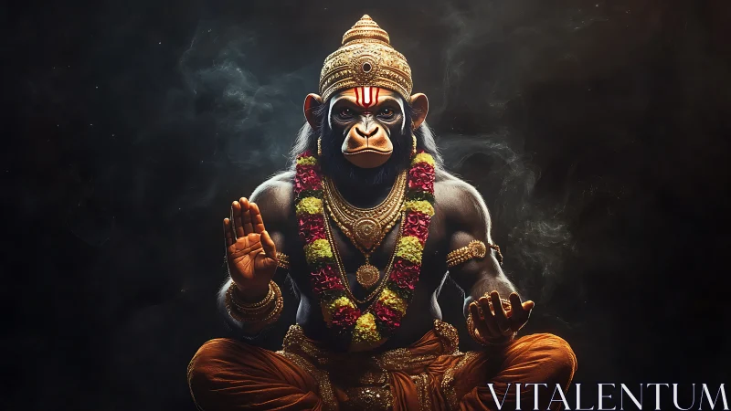 Simian deity figure in meditative seated pose on dark backdrop.