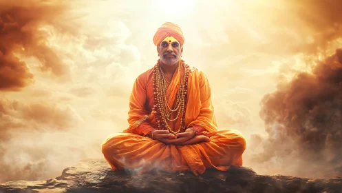 Mystic guru in orange robes meditating under radiant skies.