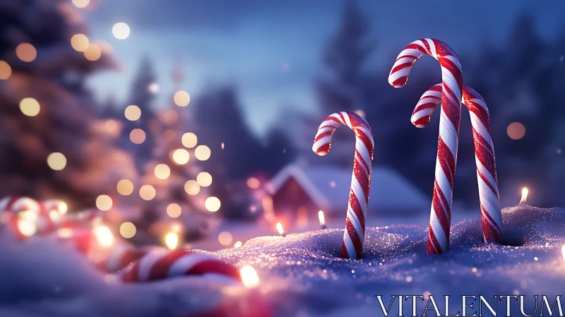 Macro winter scene with striped candy canes in glowing snow field