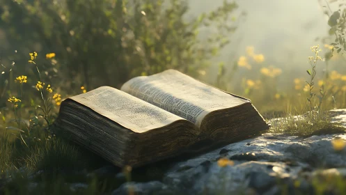 Old open book lies on sunlit rock in wildflower field