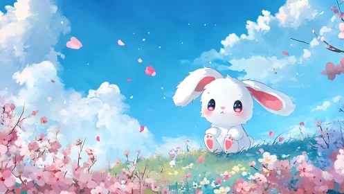 White cartoon rabbit on floral hillside under blue sky.