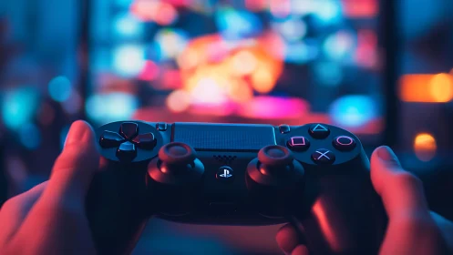 Game controller close-up against neon gaming screen glow.