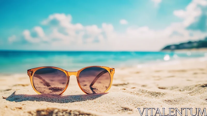 Amber sunglasses on sunlit beach with turquoise ocean.