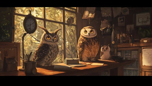 Owls gathered in a warm, cluttered study at sunset.
