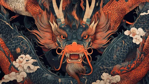 Mythic dragon roars amid swirling clouds and coiled scales.