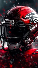 Red football helmet close-up with visor and raindrops detail.