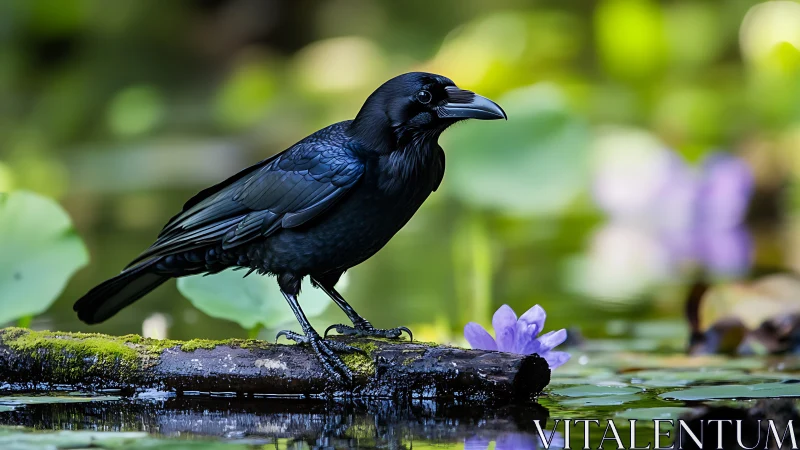 Black crow on mossy log in serene pond, vibrant natural style.