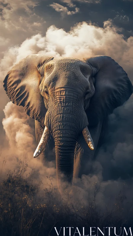 Elephant emerging through dense atmospheric cloud field.