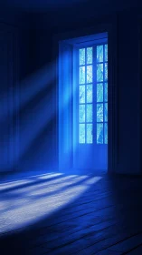 Blue light through tall window onto empty wooden floor.