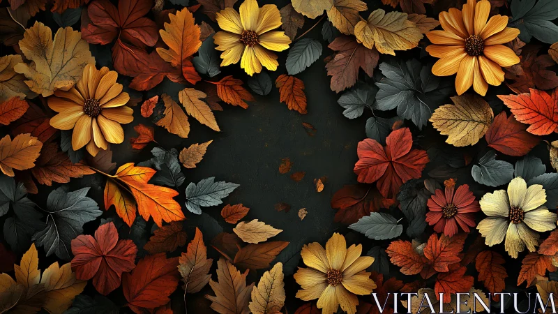 Autumn flowers and leaves arranged on dark textured background.