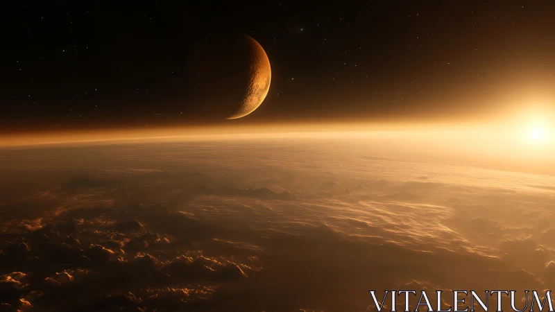 Cinematic 3D exoplanet sunrise with crescent moon horizon study.