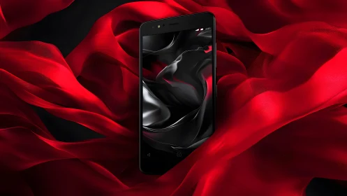 Sleek Smartphone on Flowing Red Silk Fabric, Modern Digital Art.