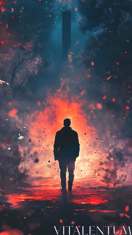 Silhouetted figure approaches monolithic portal amid fiery haze