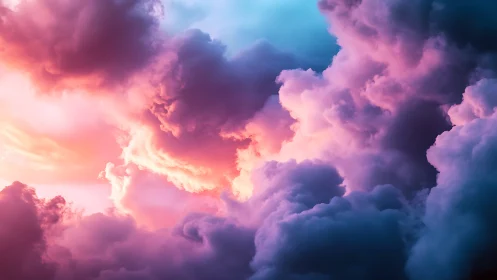 Neon storm clouds glow with surreal pink and cyan light.