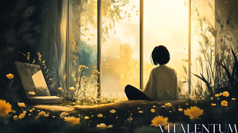 Backlit figure in floral interior threshold under golden haze.