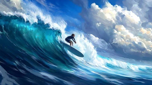 Surfing the bright blue rush beneath wild summer clouds.