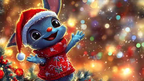 Joyful blue bunny sharing cozy Christmas cheer.