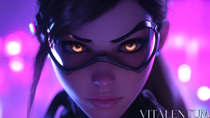 Fierce cyber heroine meets your gaze in glowing neon light
