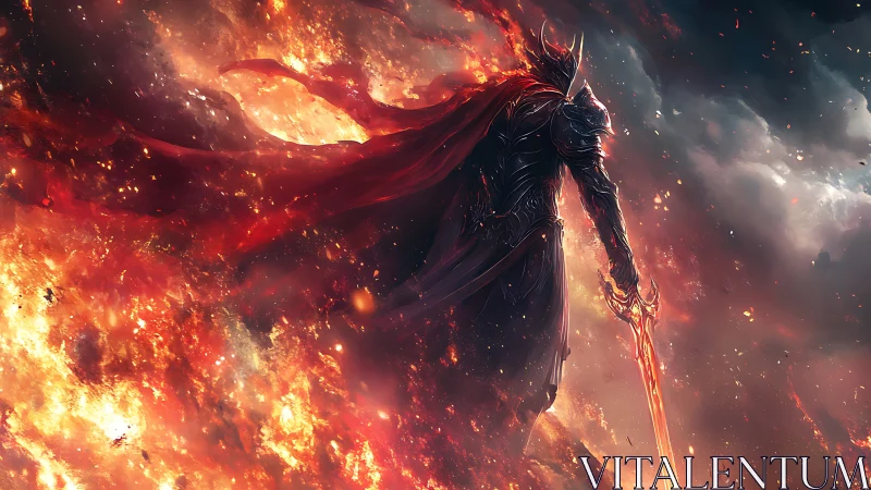 Flame‑wreathed dark knight with molten sword amid inferno.