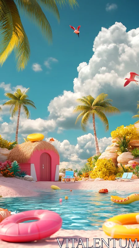 Vibrant Beach Paradise: Surreal Tropical Composition With Pastel Architecture