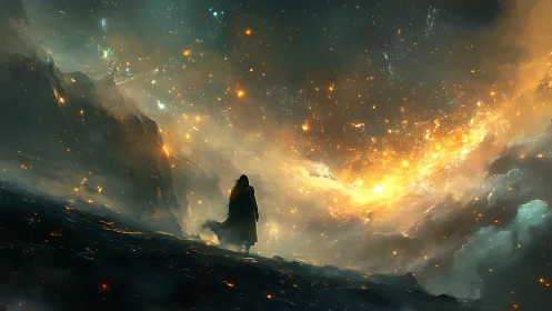 Lone cloaked figure watching bright cosmic storm sky.