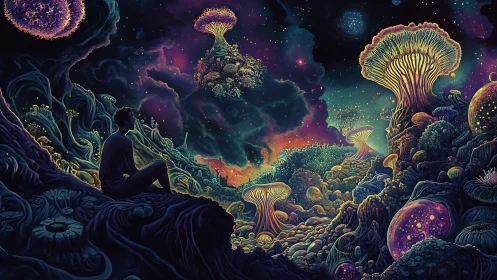 Dreamy cosmic forest where a quiet traveler pauses.