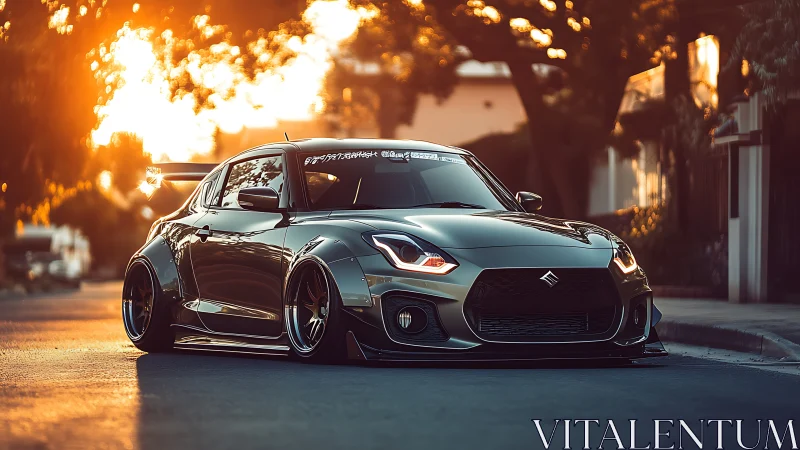 Sunset-slammed hatchback prowls a glowing suburban boulevard.