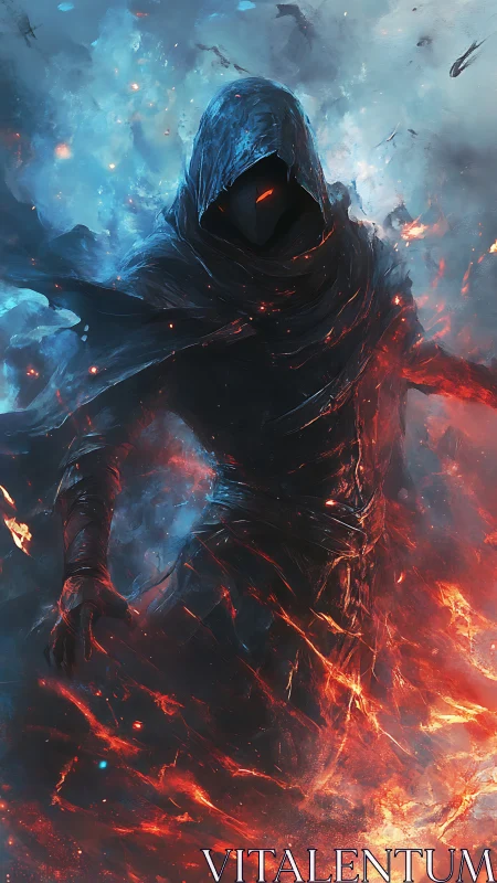 Hooded fire wraith strides through split ice and embers.