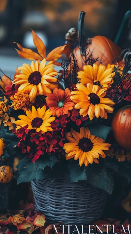 Autumn Floral Arrangement in Woven Basket with Pumpkins
