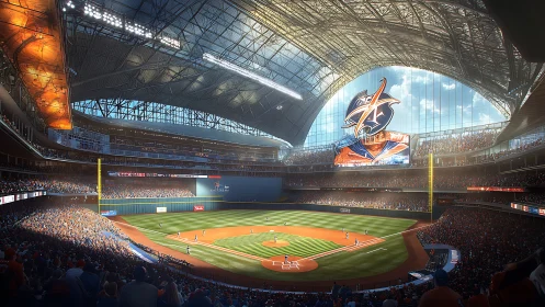 Retractable-roof baseball stadium interior under dynamic game lighting