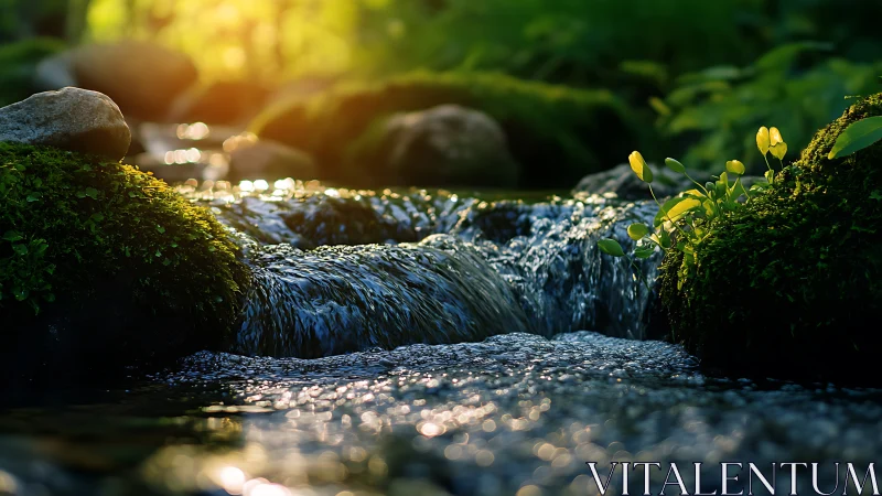 Sunlit forest stream cascading between mossy green stones.