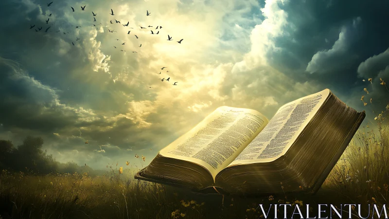 Digital painting of illuminated book in luminous meadowscape.