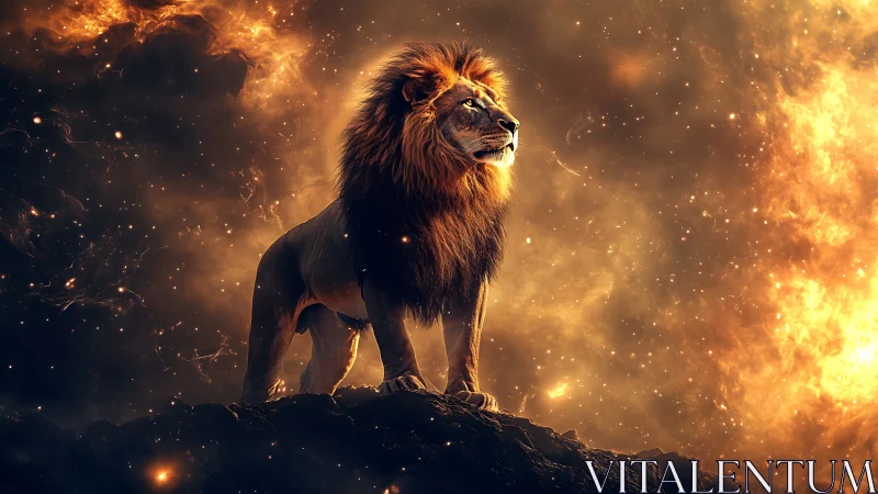 Celestial lion poised in fiery cosmic stormscape.