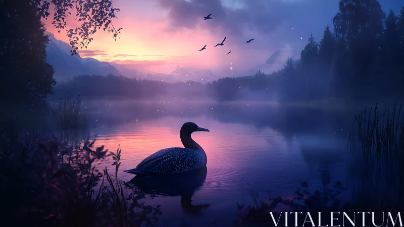 Twilight loon composes rippling poetry across a violet lake